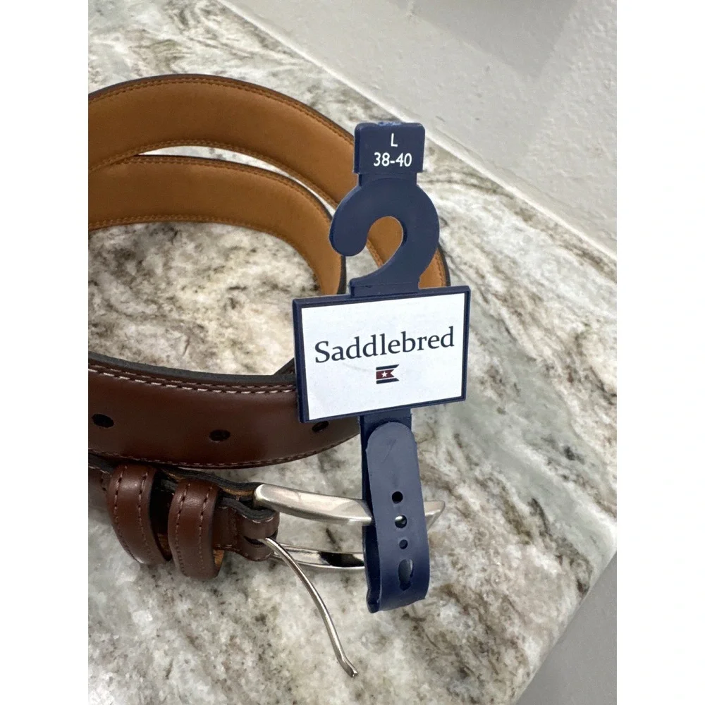 Saddlebred belt brown leather‎ strap double-stitch edges silver-tone buckle 38
